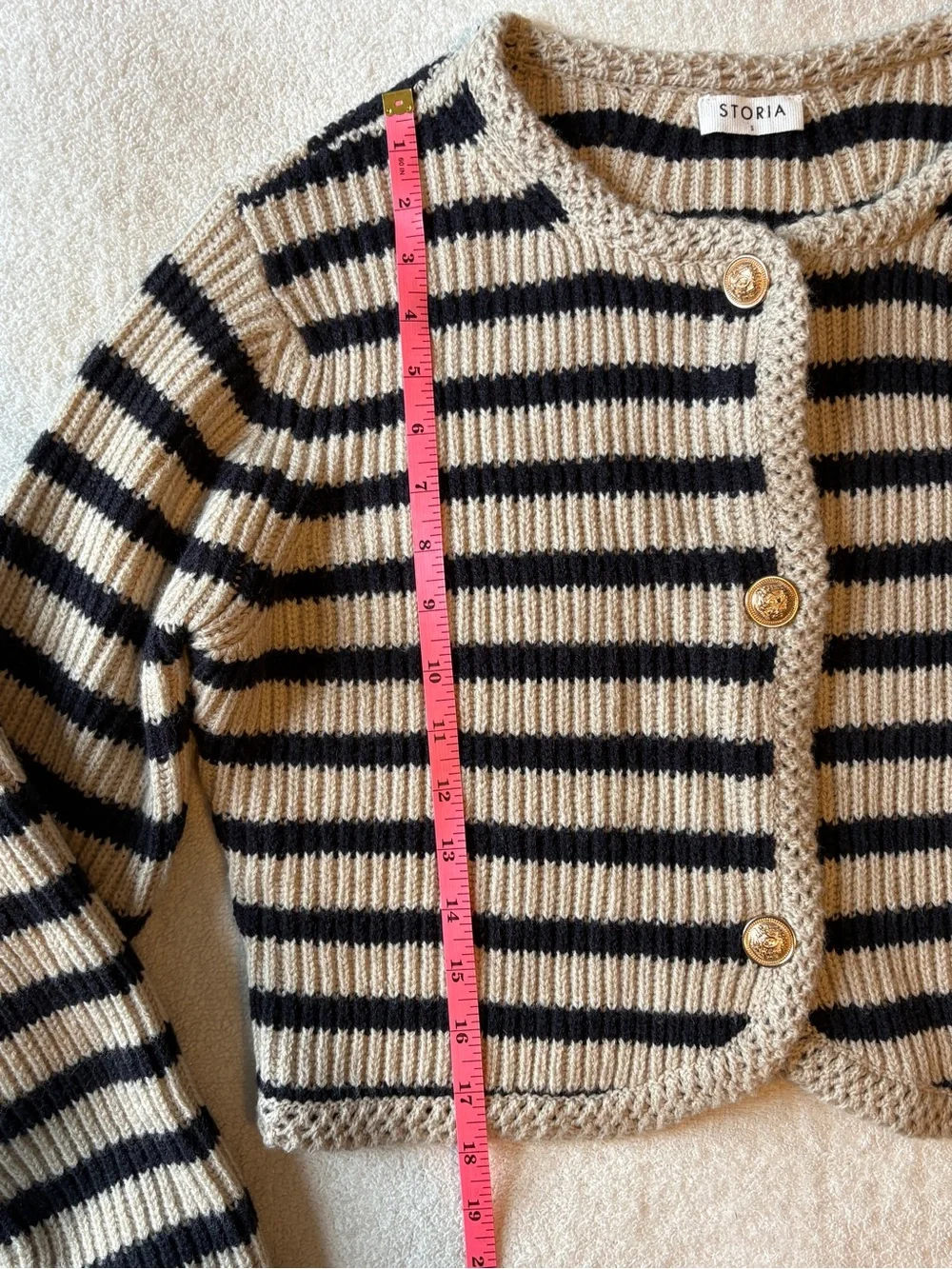 Storia Black & Tan Striped Cropped Cardigan, Gold Buttons, Women’s Sz Small